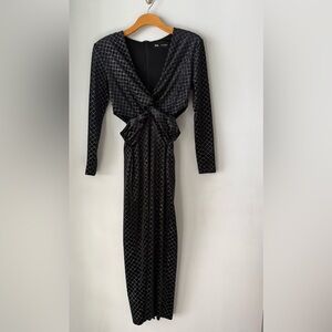 ZARA Black Geometric Velvety Midi Cutout Dress Size M Structured Shoulder